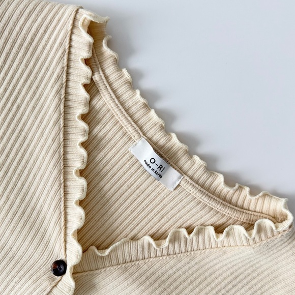 Cream Ribbed Cropped Cardigan Button Front Ruffle Trim Lightweight Knit Top - Picture 5 of 8
